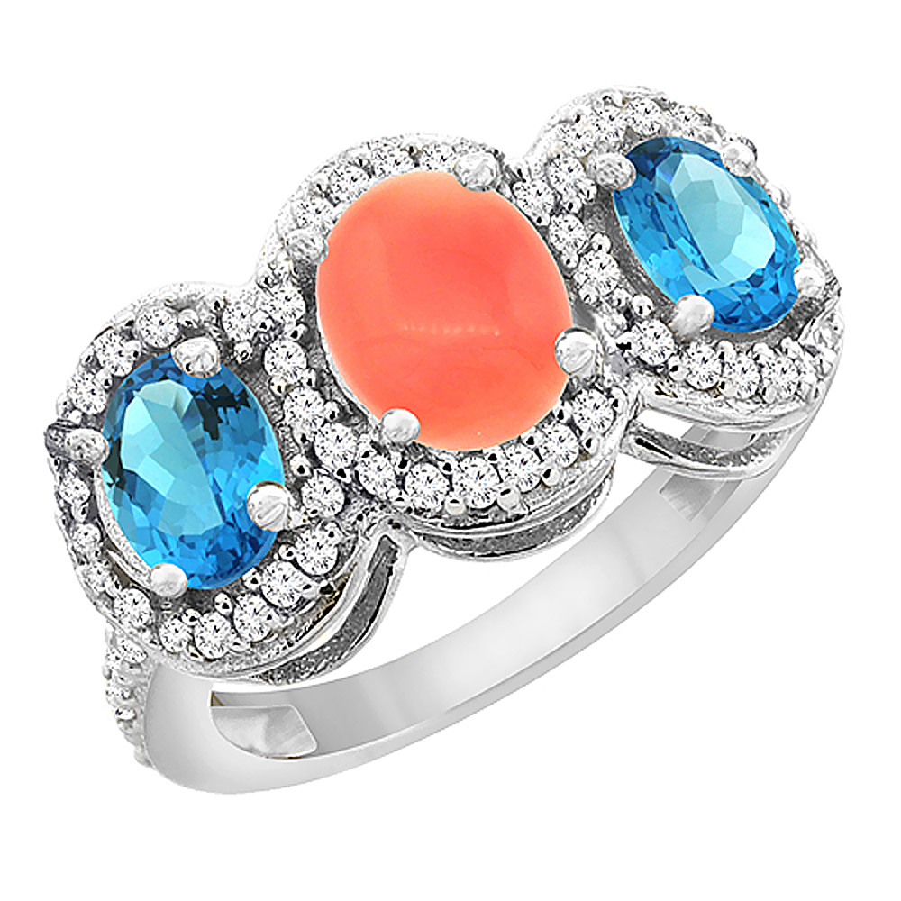 14K White Gold Natural Coral & Swiss Blue Topaz 3-Stone Ring Oval Diamond Accent, sizes 5 - 10