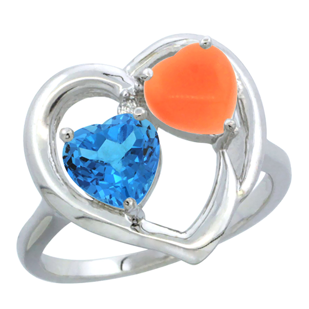 10K White Gold Diamond Two-stone Heart Ring 6mm Natural Swiss Blue Topaz &amp; Coral, sizes 5-10