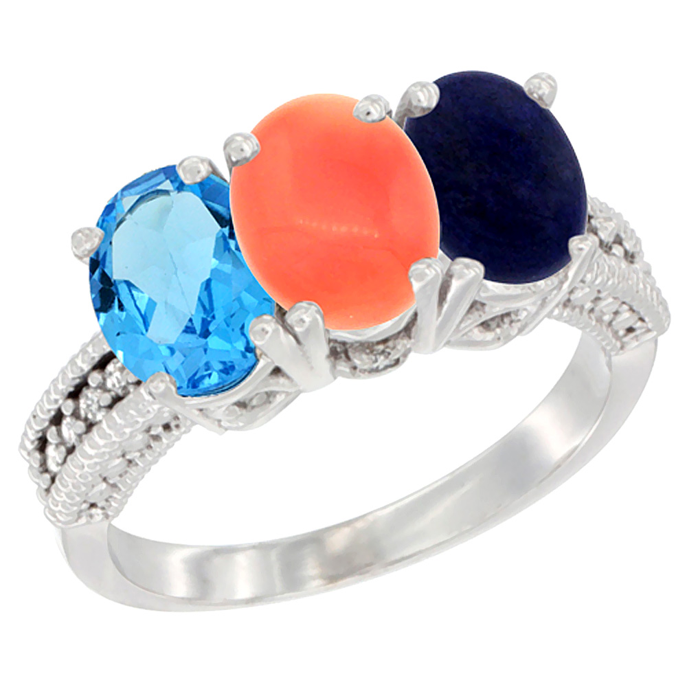 14K White Gold Natural Swiss Blue Topaz, Coral &amp; Lapis Ring 3-Stone 7x5 mm Oval Diamond Accent, sizes 5 - 10