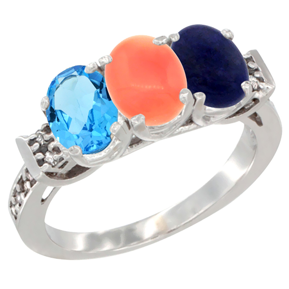 10K White Gold Natural Swiss Blue Topaz, Coral &amp; Lapis Ring 3-Stone Oval 7x5 mm Diamond Accent, sizes 5 - 10