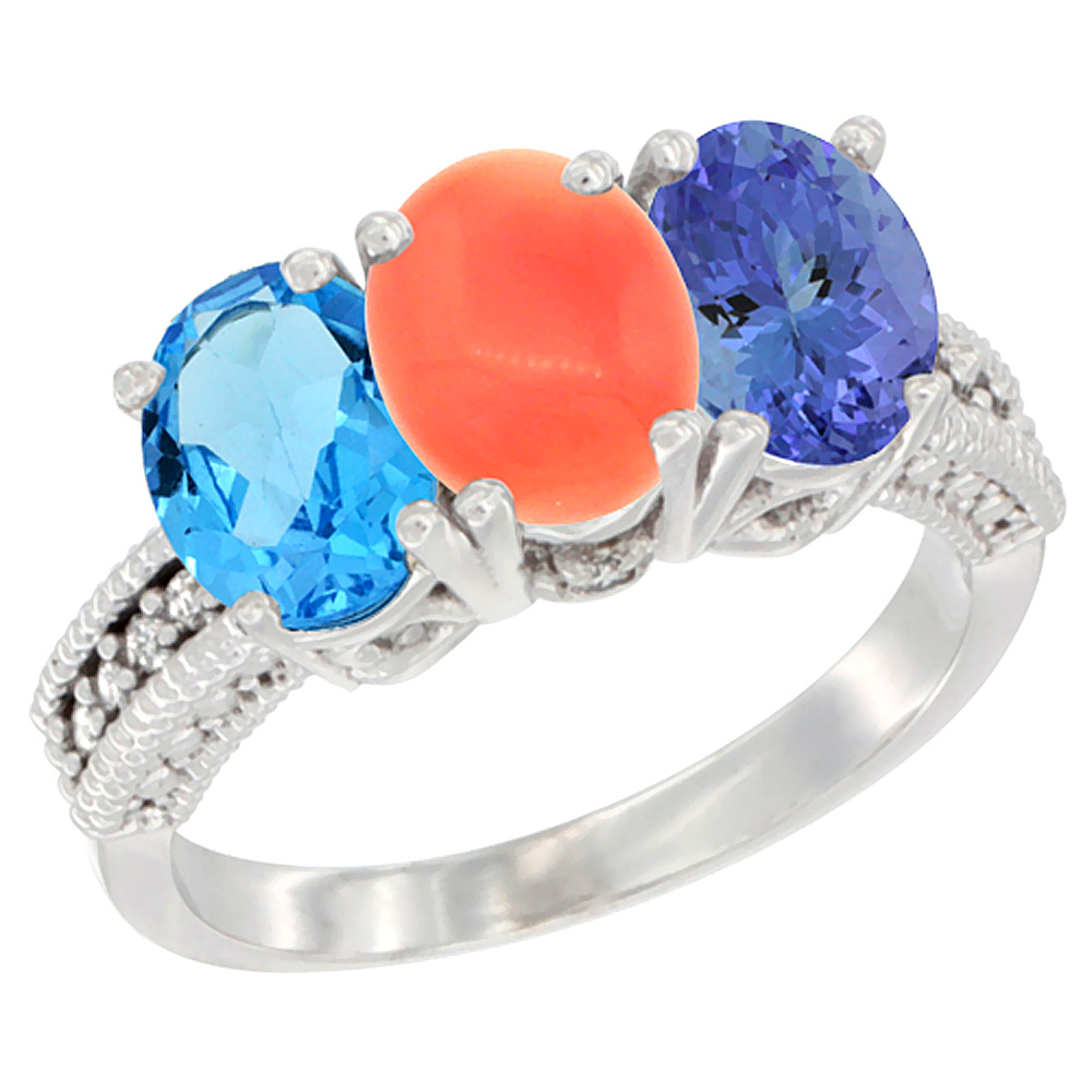 14K White Gold Natural Swiss Blue Topaz, Coral &amp; Tanzanite Ring 3-Stone 7x5 mm Oval Diamond Accent, sizes 5 - 10