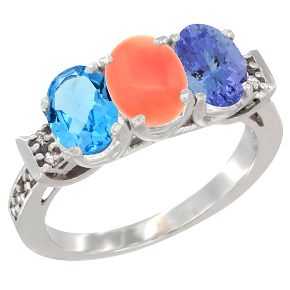 14K White Gold Natural Swiss Blue Topaz, Coral &amp; Tanzanite Ring 3-Stone 7x5 mm Oval Diamond Accent, sizes 5 - 10