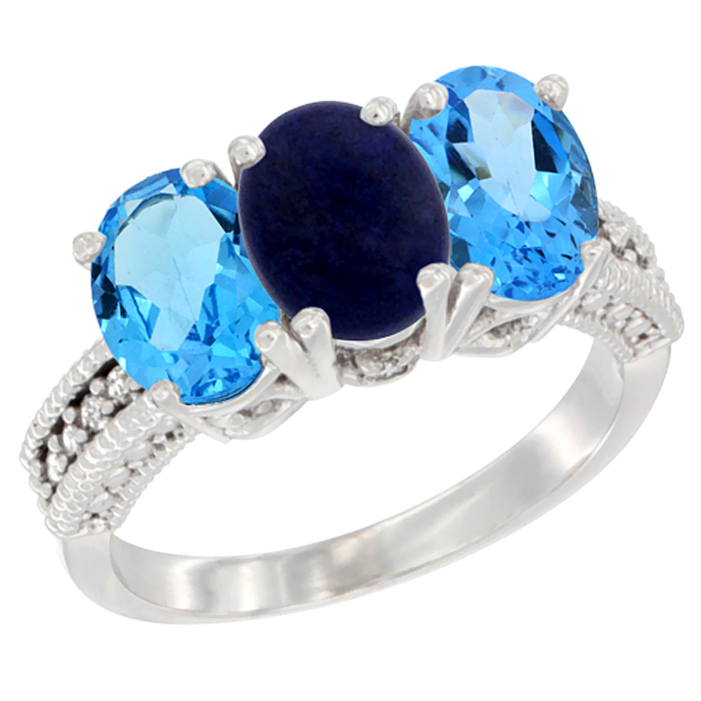 10K White Gold Natural Lapis & Swiss Blue Topaz Sides Ring 3-Stone Oval 7x5 mm Diamond Accent, sizes 5 - 10