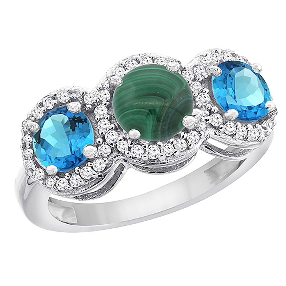 14K White Gold Natural Malachite & Swiss Blue Topaz Sides Round 3-stone Ring Diamond Accents, sizes 5 - 10