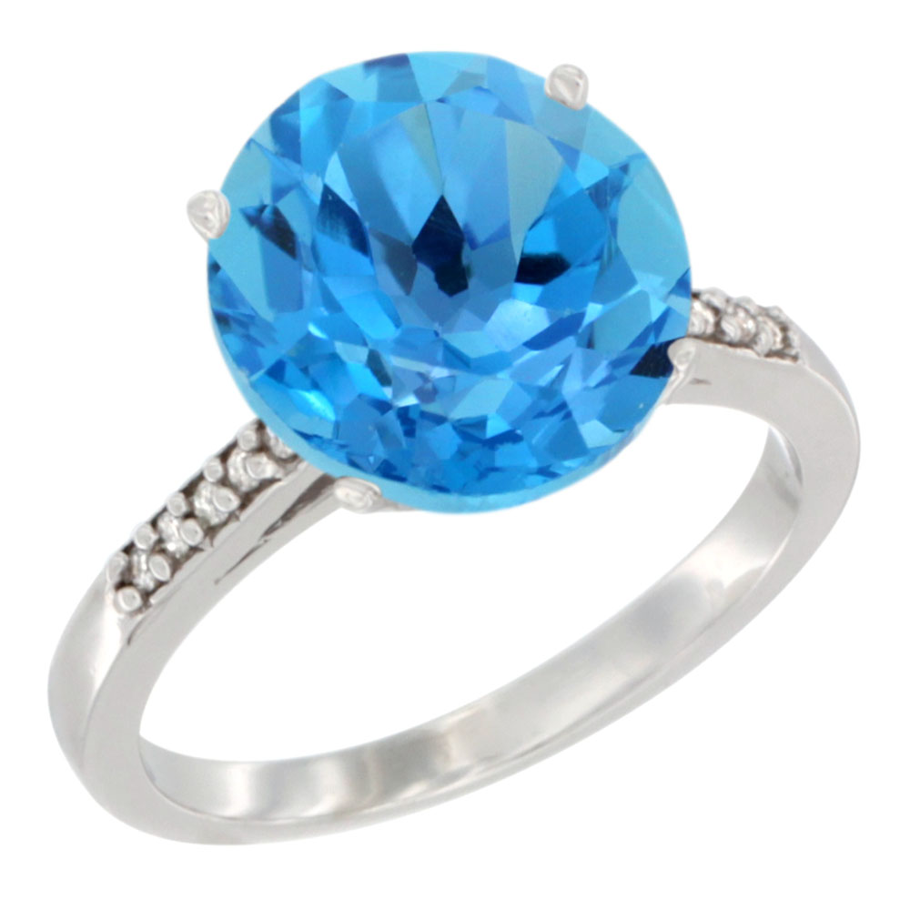 14K Yellow Gold Natural Swiss Blue Topaz Ring Round 10mm Diamond accent, sizes 5 - 10