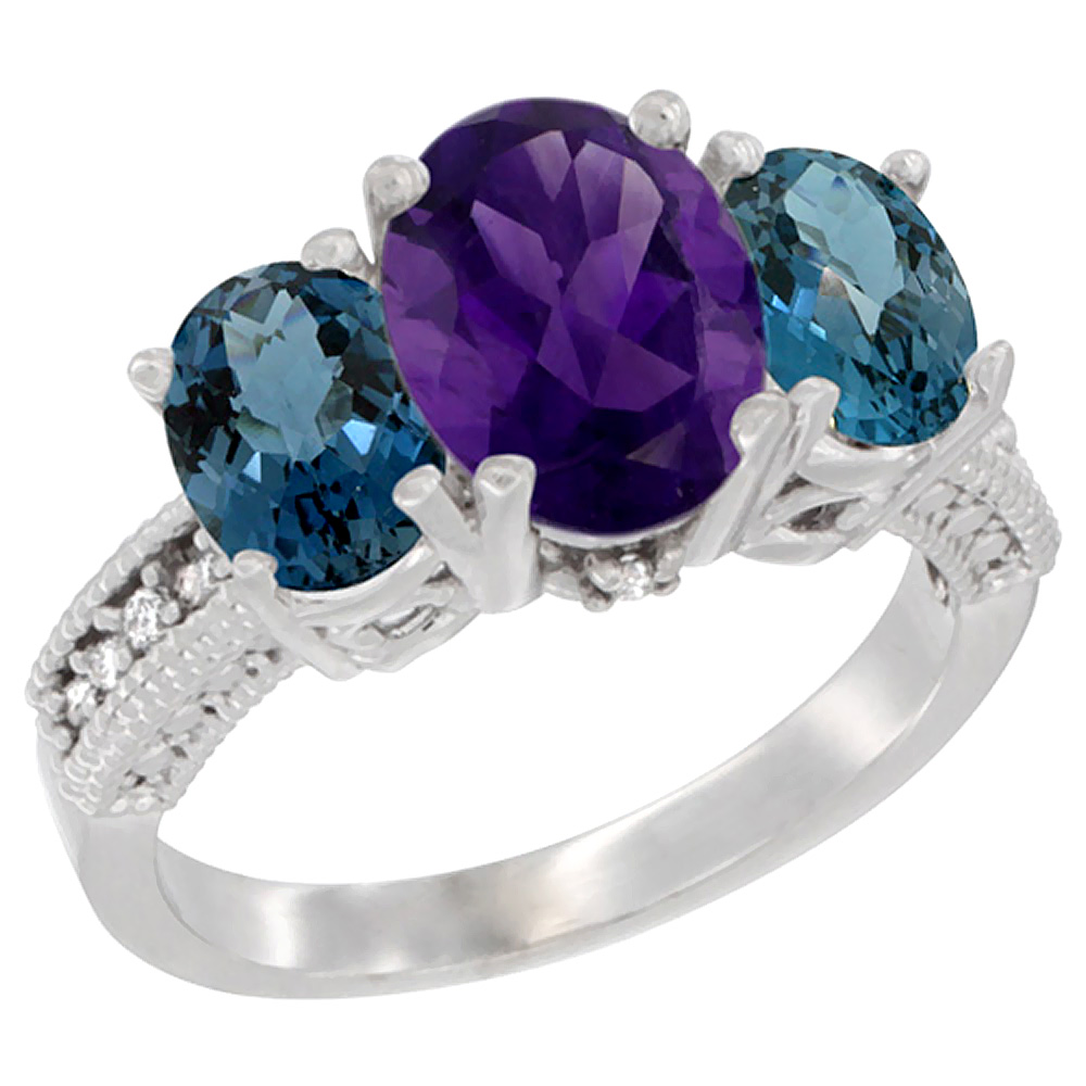 10K White Gold Diamond Natural Amethyst Ring 3-Stone Oval 8x6mm with London Blue Topaz, sizes5-10
