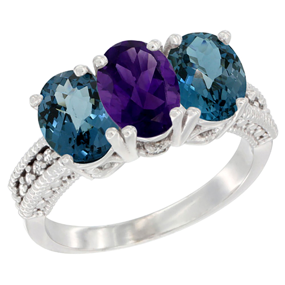 14K White Gold Natural Amethyst &amp; London Blue Topaz Sides Ring 3-Stone 7x5 mm Oval Diamond Accent, sizes 5 - 10