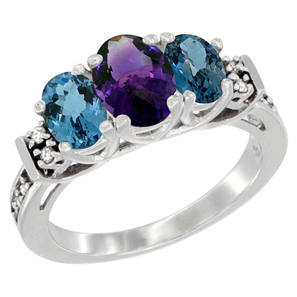 14K White Gold Natural Amethyst &amp; London Blue Topaz Ring 3-Stone Oval Diamond Accent, sizes 5-10