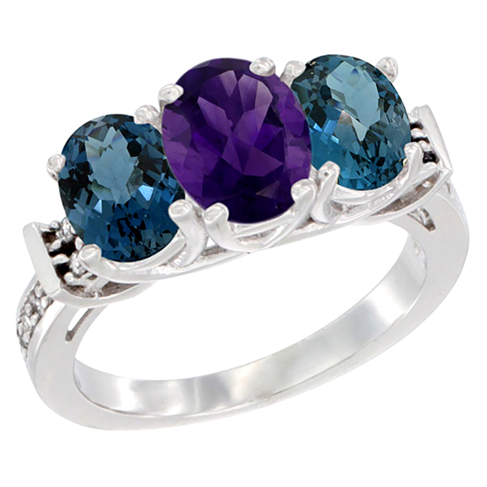 14K White Gold Natural Amethyst & London Blue Topaz Sides Ring 3-Stone Oval Diamond Accent, sizes 5 - 10
