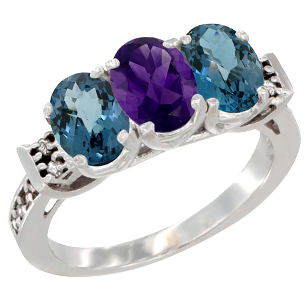 10K White Gold Natural Amethyst &amp; London Blue Topaz Sides Ring 3-Stone Oval 7x5 mm Diamond Accent, sizes 5 - 10