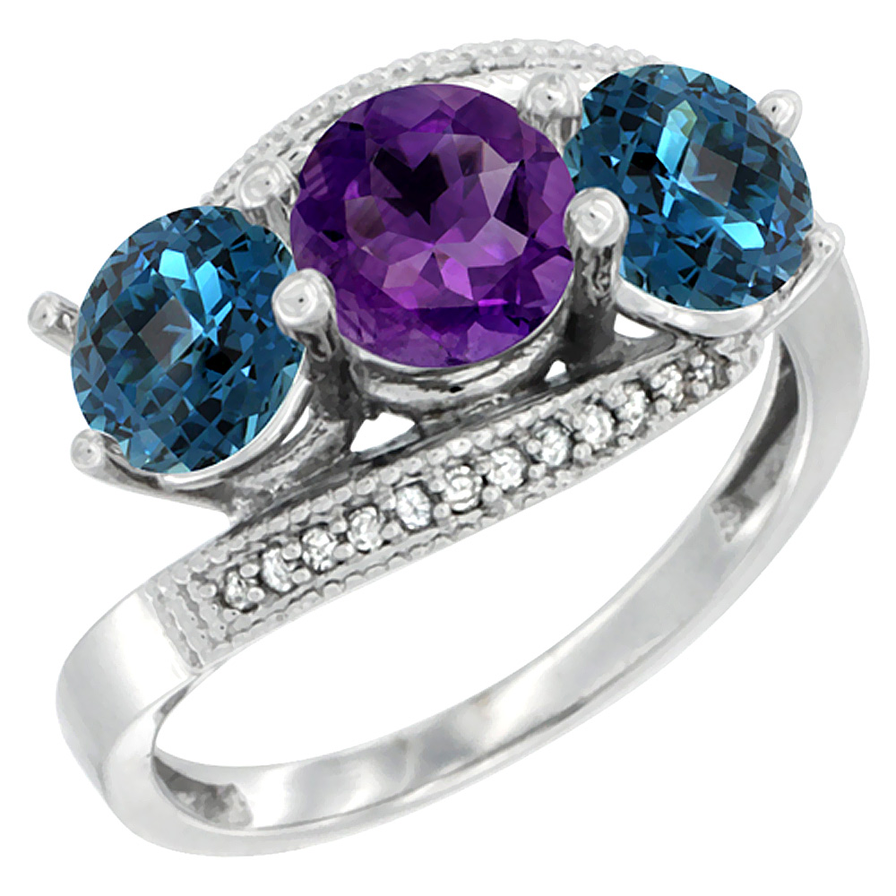 14K White Gold Natural Amethyst & London Blue Topaz Sides 3 stone Ring Round 6mm Diamond Accent, sizes 5 - 10
