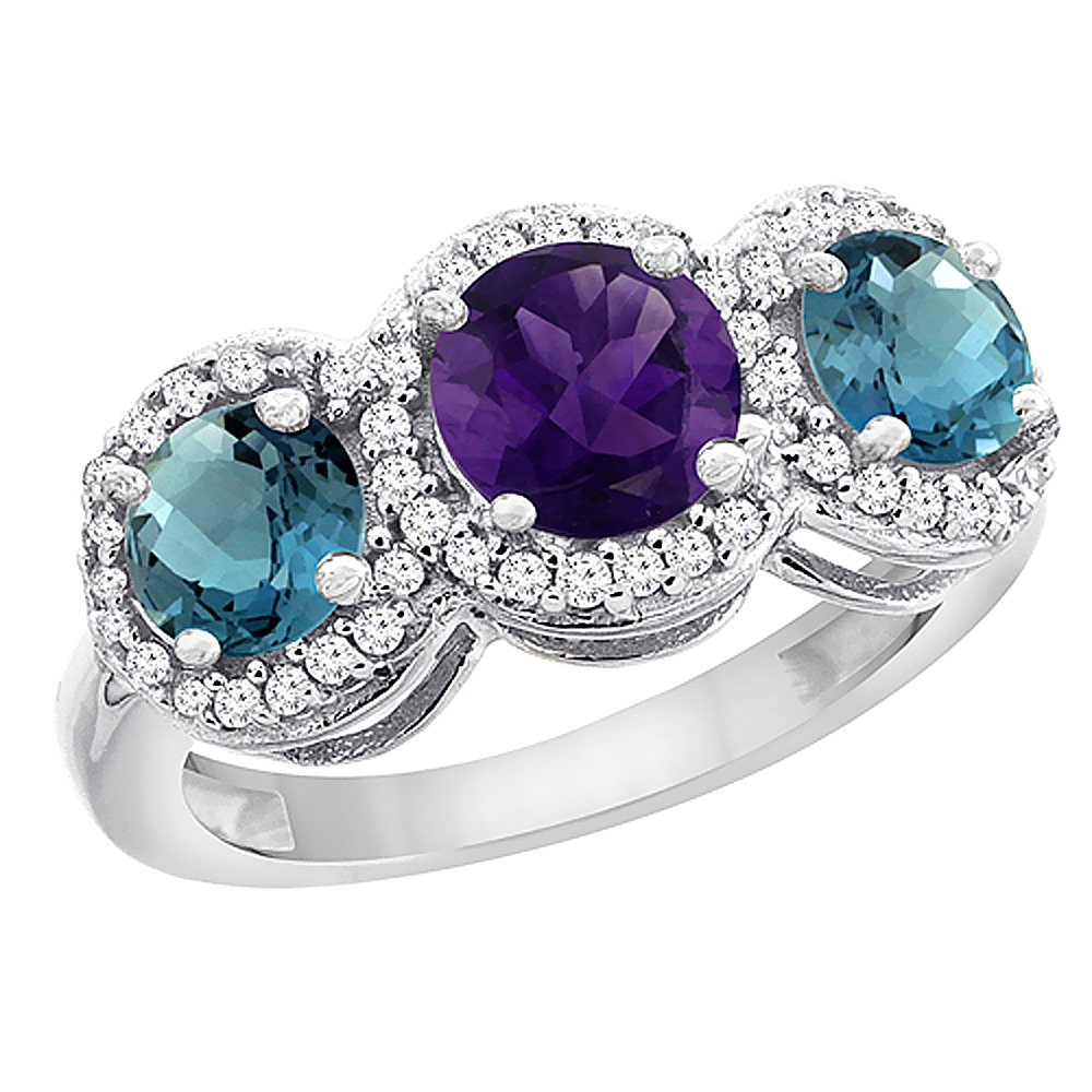 10K White Gold Natural Amethyst & London Blue Topaz Sides Round 3-stone Ring Diamond Accents, sizes 5 - 10