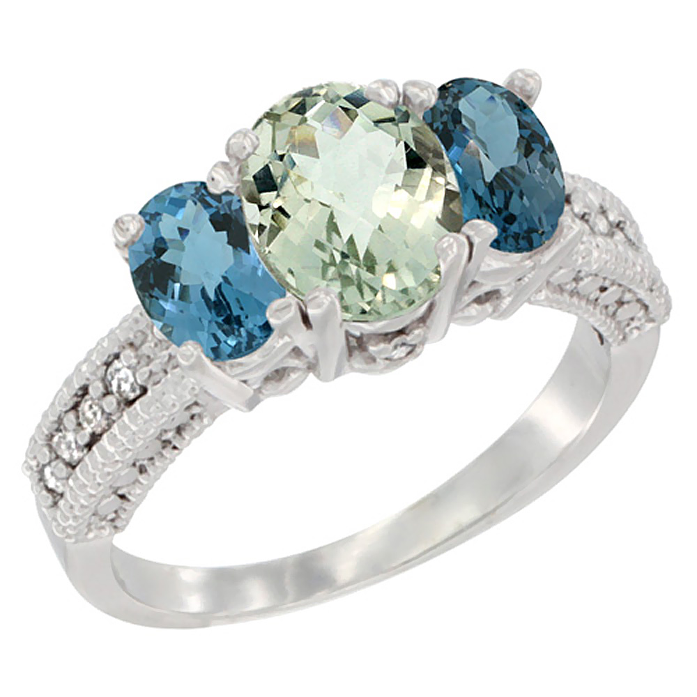 14K White Gold Diamond Natural Green Amethyst Ring Oval 3-stone with London Blue Topaz, sizes 5-10