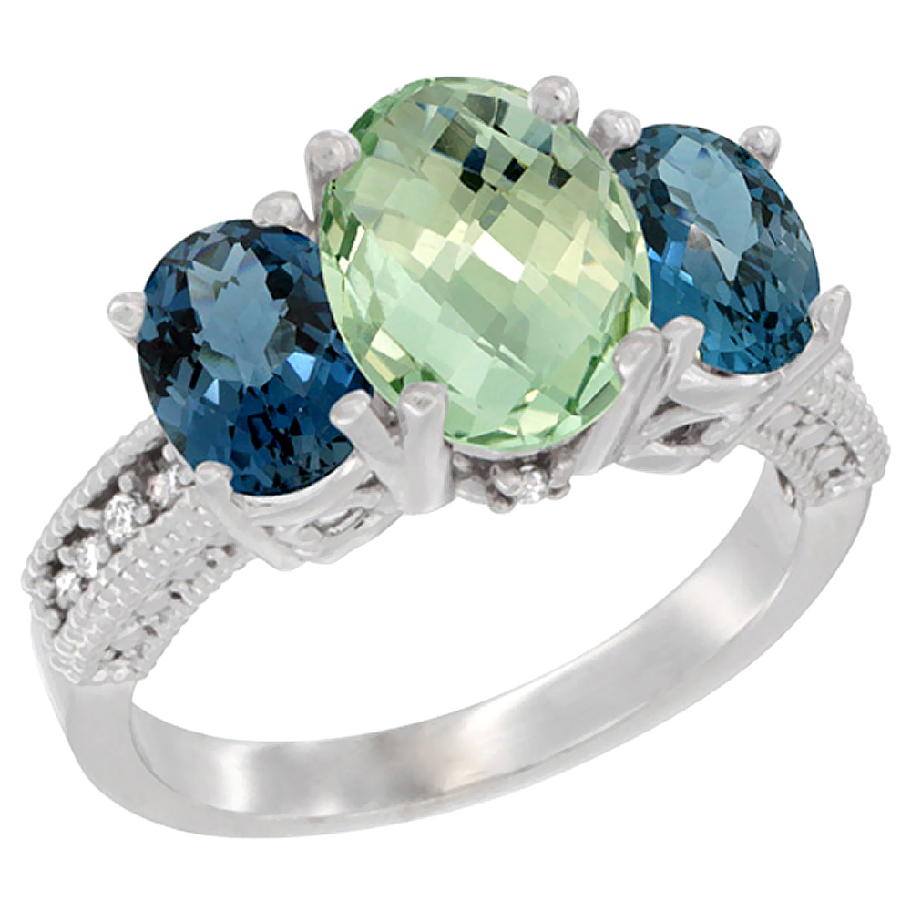 14K White Gold Diamond Natural Green Amethyst Ring 3-Stone Oval 8x6mm with London Blue Topaz, sizes5-10