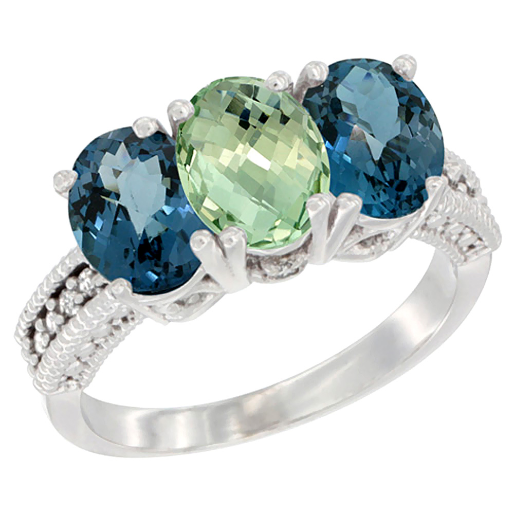 10K White Gold Natural Green Amethyst & London Blue Topaz Sides Ring 3-Stone Oval 7x5 mm Diamond Accent, sizes 5 - 10