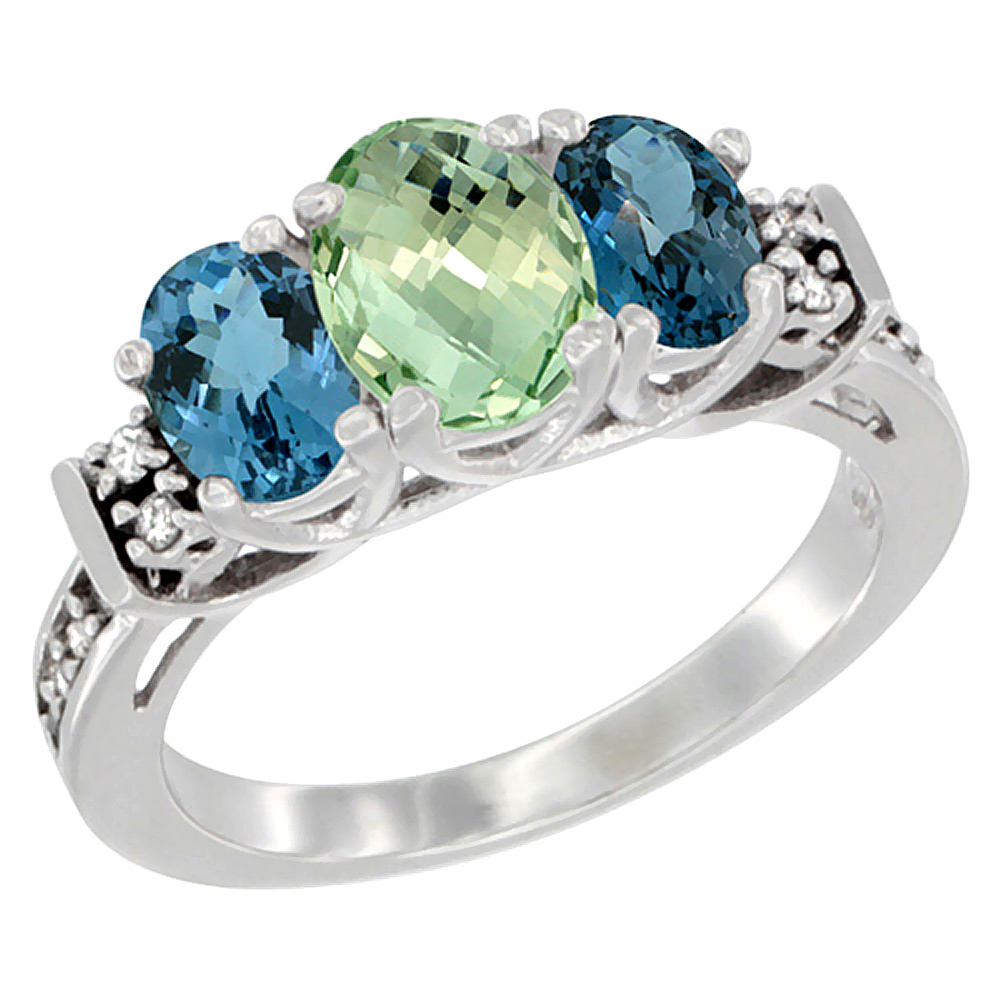 10K White Gold Natural Green Amethyst &amp; London Blue Ring 3-Stone Oval Diamond Accent, sizes 5-10