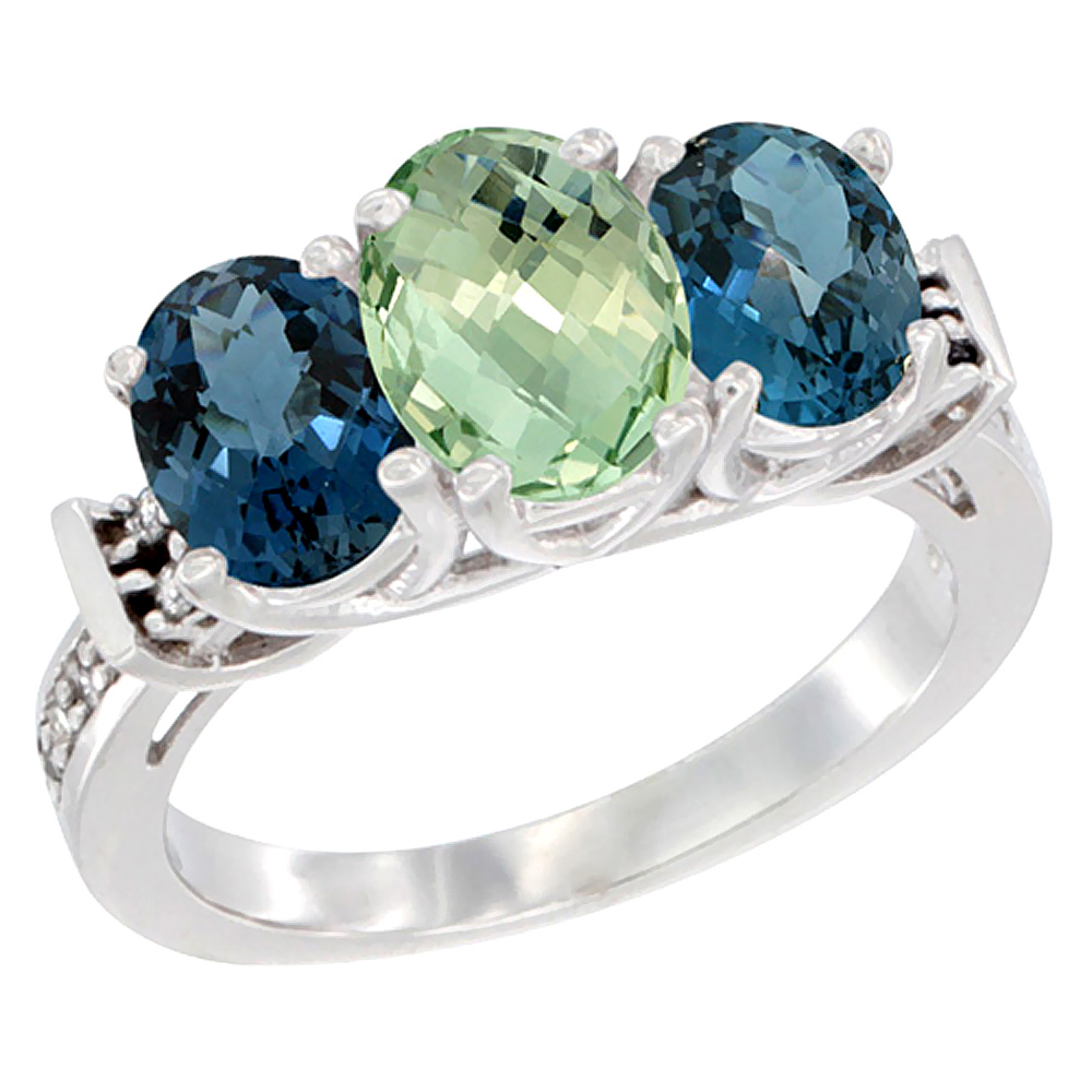 14K White Gold Natural Green Amethyst & London Blue Topaz Sides Ring 3-Stone Oval Diamond Accent, sizes 5 - 10