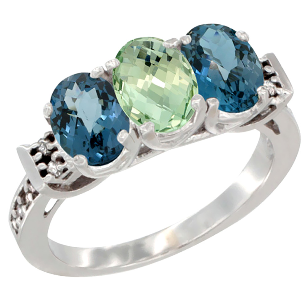 14K White Gold Natural Green Amethyst & London Blue Topaz Sides Ring 3-Stone 7x5 mm Oval Diamond Accent, sizes 5 - 10