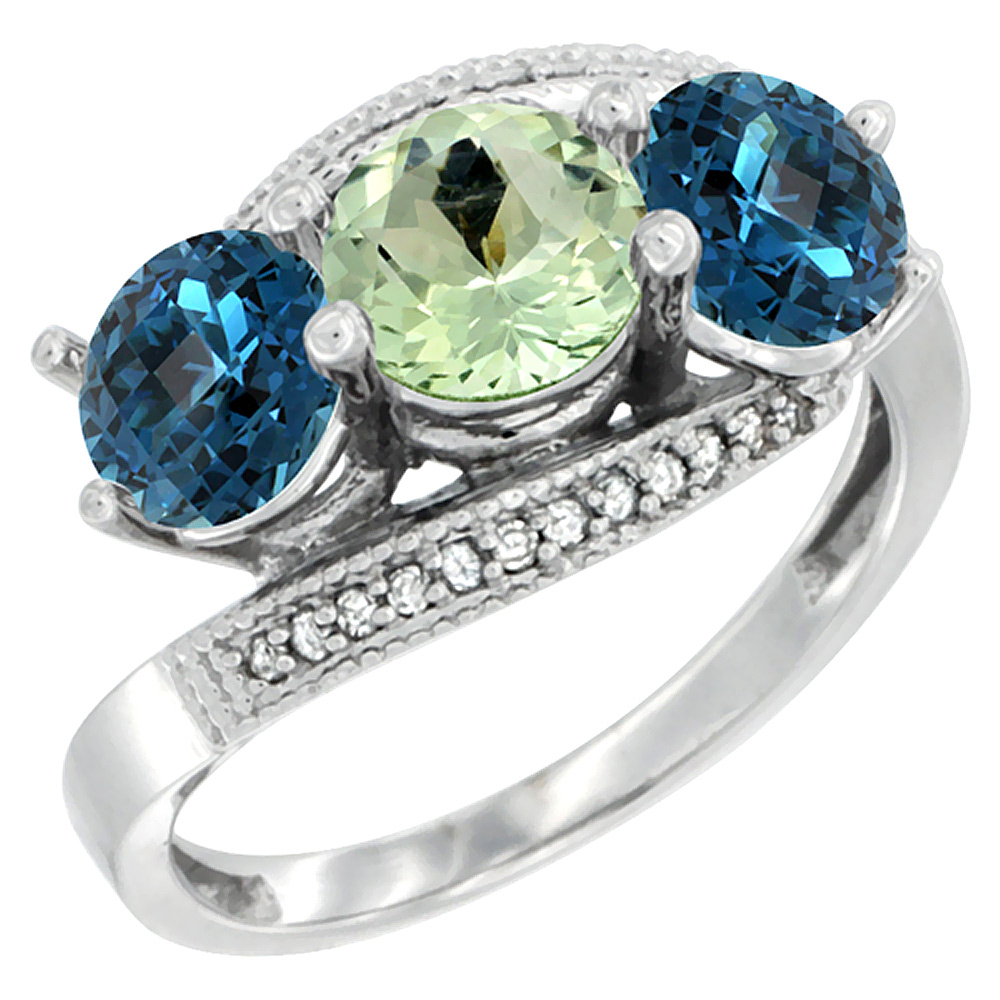 14K White Gold Natural Green Amethyst &amp; London Blue Topaz Sides 3 stone Ring Round 6mm Diamond Accent, sizes 5 - 10