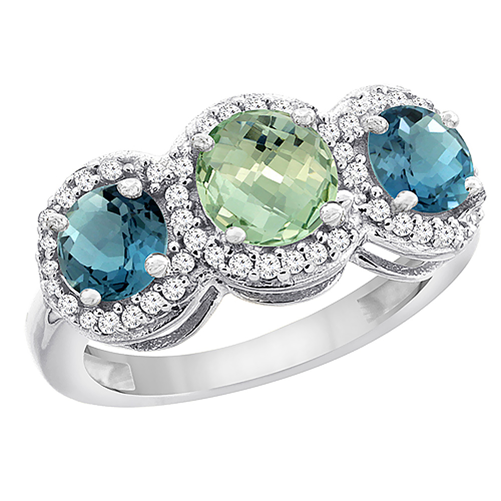 14K White Gold Natural Green Amethyst & London Blue Topaz Sides Round 3-stone Ring Diamond Accents, sizes 5 - 10