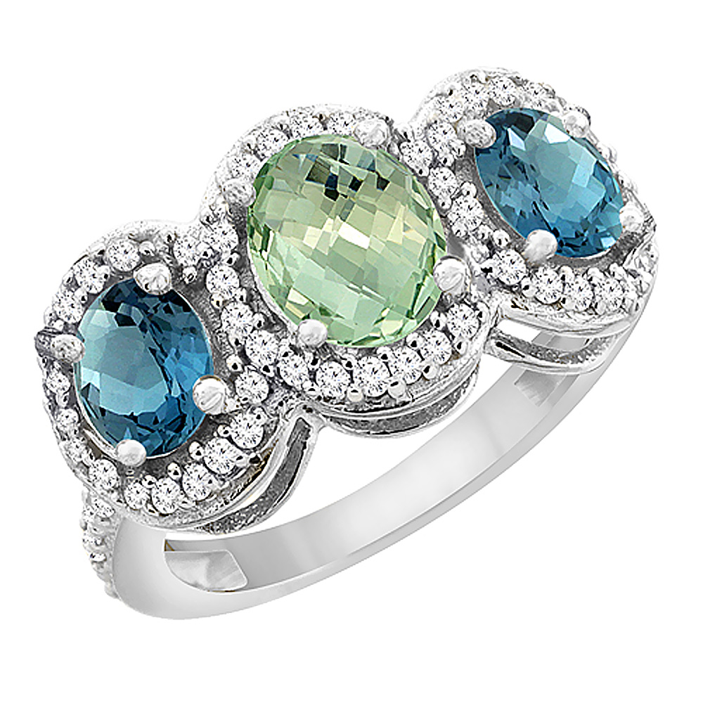 14K White Gold Natural Green Amethyst & London Blue Topaz 3-Stone Ring Oval Diamond Accent, sizes 5 - 10