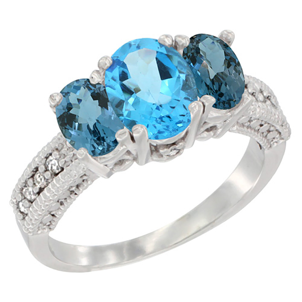14K White Gold Diamond Natural Swiss Blue Topaz Ring Oval 3-stone with London Blue Topaz, sizes 5-10