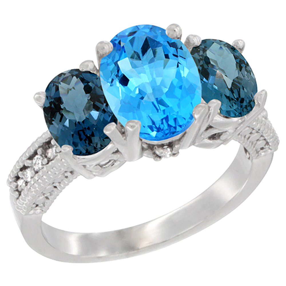 14K White Gold Diamond Natural Swiss Blue Topaz Ring 3-Stone Oval 8x6mm with London Blue Topaz, sizes5-10