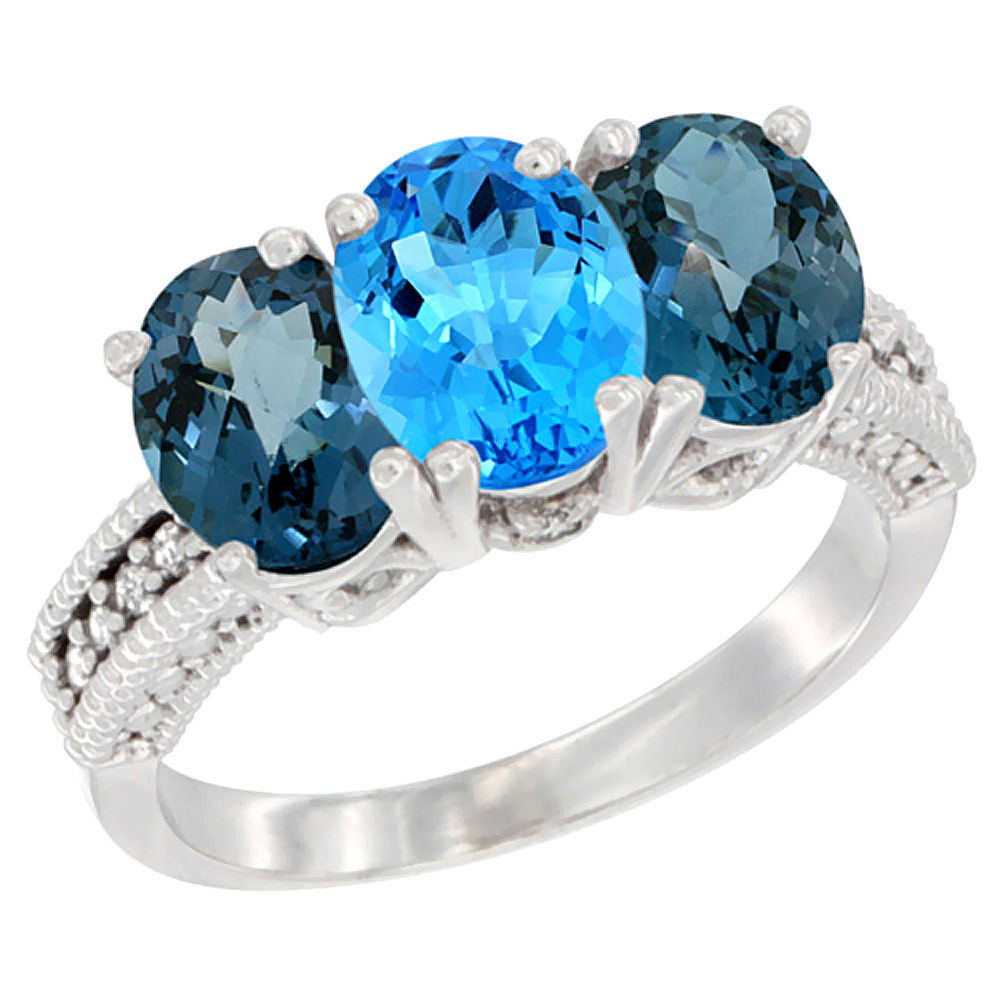 14K White Gold Natural Swiss Blue Topaz & London Blue Topaz Sides Ring 3-Stone 7x5 mm Oval Diamond Accent, sizes 5 - 10