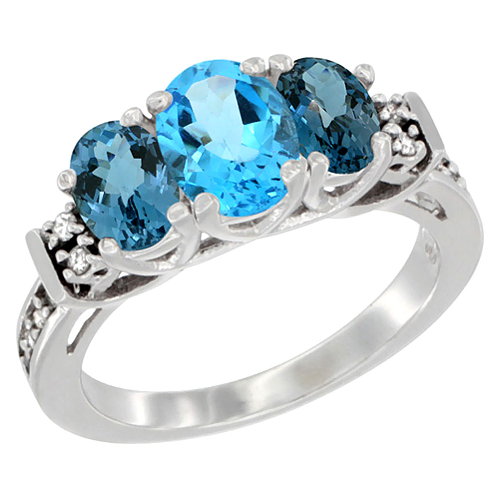 14K White Gold Natural Swiss Blue Topaz &amp; London Blue Ring 3-Stone Oval Diamond Accent, sizes 5-10