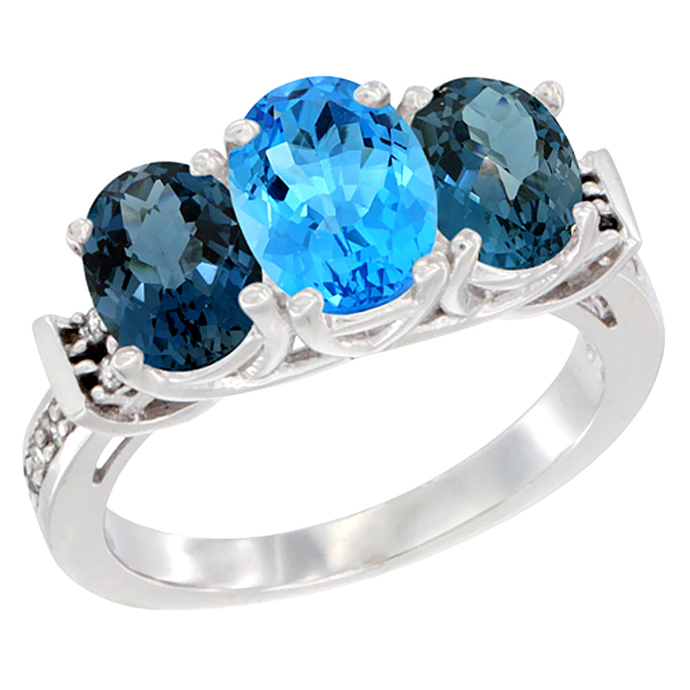 10K White Gold Natural Swiss Blue Topaz &amp; London Blue Topaz Sides Ring 3-Stone Oval Diamond Accent, sizes 5 - 10