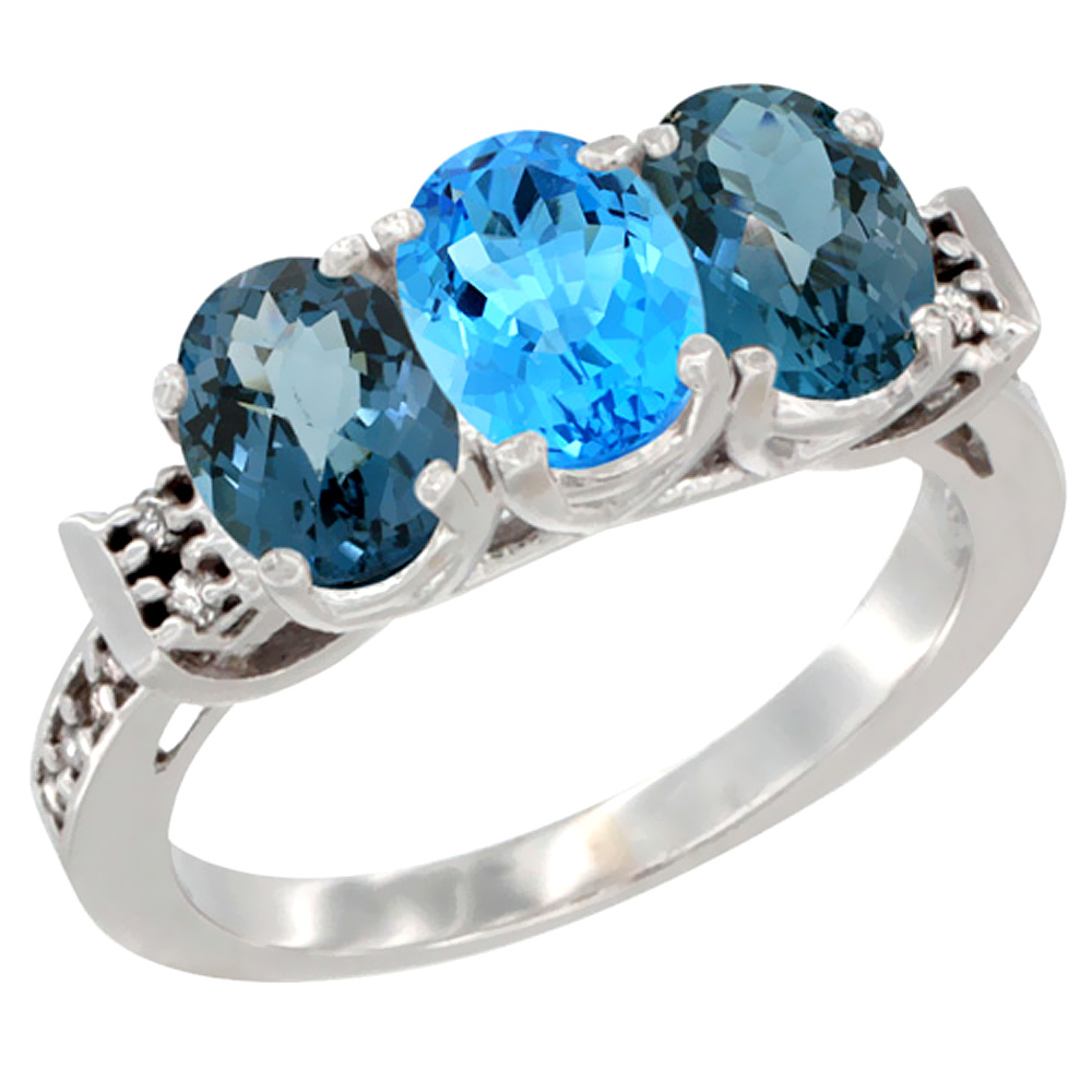 14K White Gold Natural Swiss Blue Topaz &amp; London Blue Topaz Sides Ring 3-Stone 7x5 mm Oval Diamond Accent, sizes 5 - 10