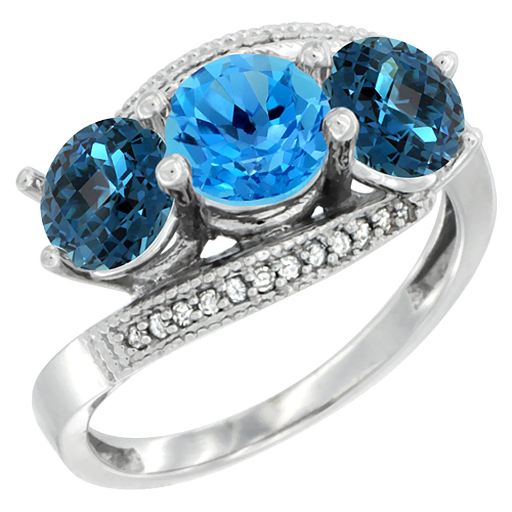 14K White Gold Natural Swiss Blue Topaz &amp; London Blue Topaz Sides 3 stone Ring Round 6mm Diamond Accent, sizes 5 - 10