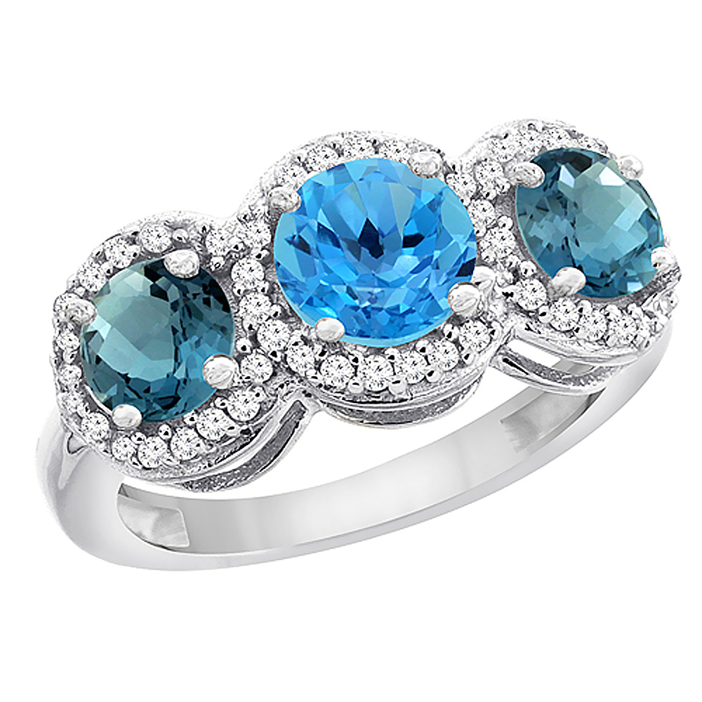 14K White Gold Natural Swiss Blue Topaz & London Blue Topaz Sides Round 3-stone Ring Diamond Accents, sizes 5 - 10