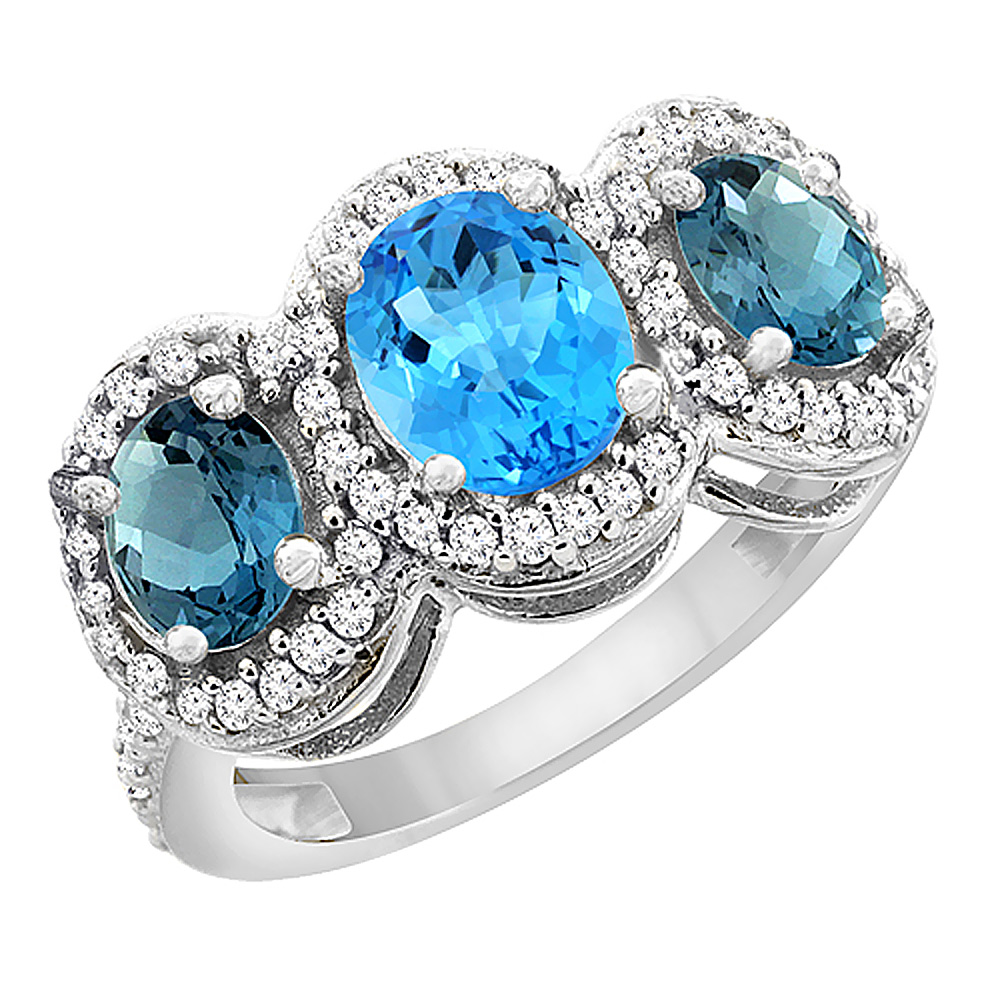 14K White Gold Natural Swiss Blue Topaz & London Blue Topaz 3-Stone Ring Oval Diamond Accent, sizes 5 - 10