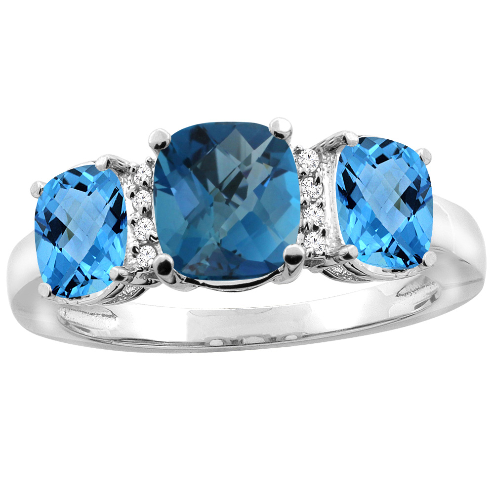 14K White Gold Natural London Blue Topaz & Swiss Blue Topaz 3-stone Ring Cushion 8x6mm Diamond Accent, sizes 5 - 10