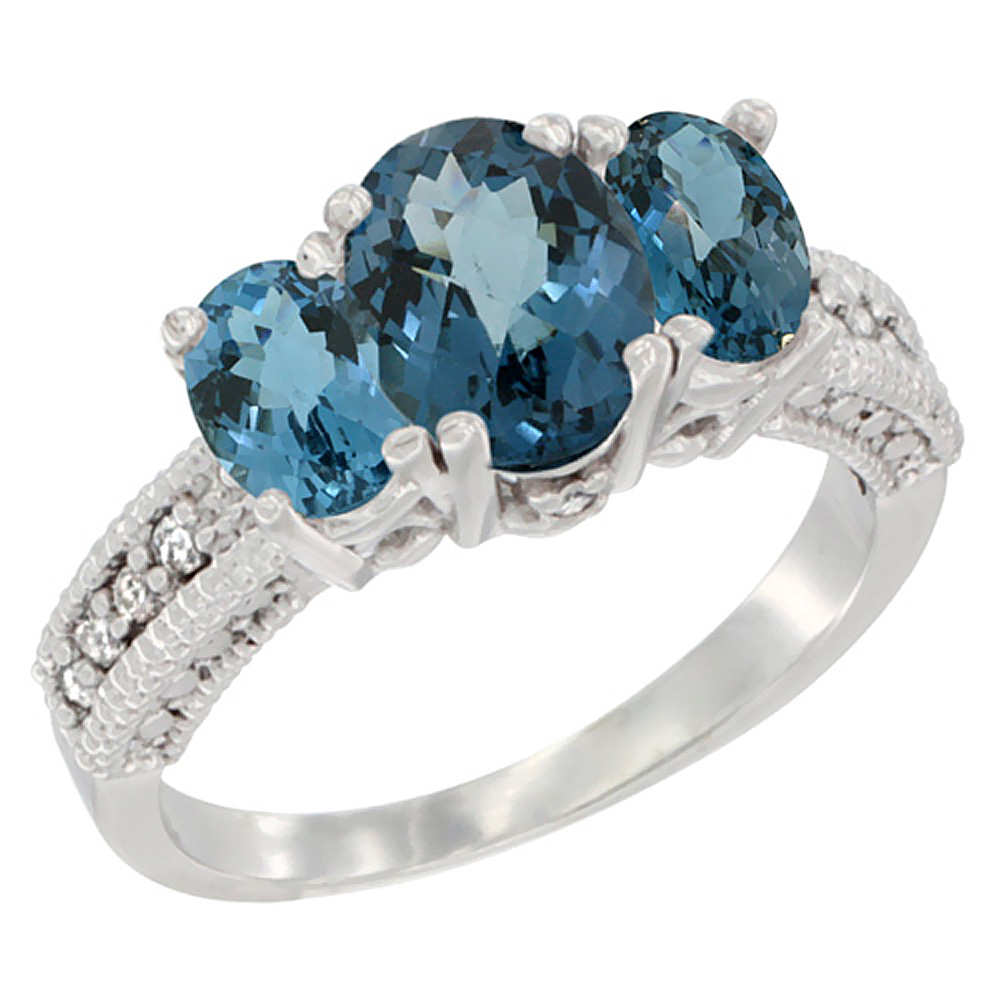 14K White Gold Diamond Natural London Blue Topaz Ring Oval 3-stone, sizes 5 - 10