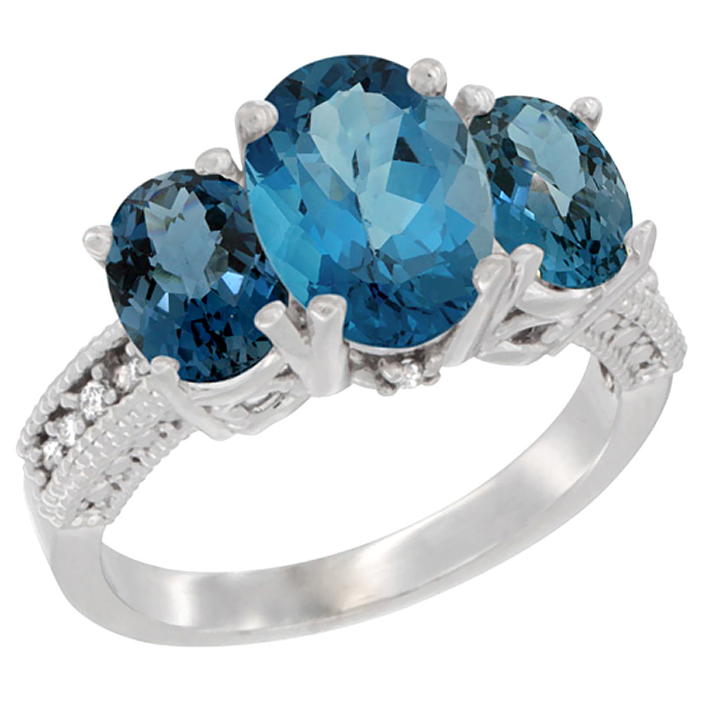 10K White Gold Diamond Natural London Blue Topaz Ring 3-Stone Oval 8x6mm, sizes5-10
