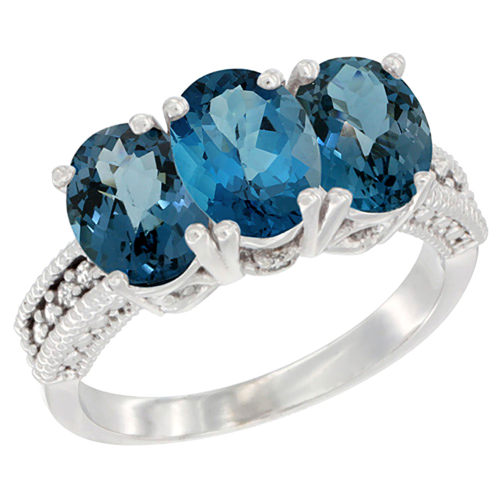 10K White Gold Natural London Blue Topaz & Ring 3-Stone Oval 7x5 mm Diamond Accent, sizes 5 - 10