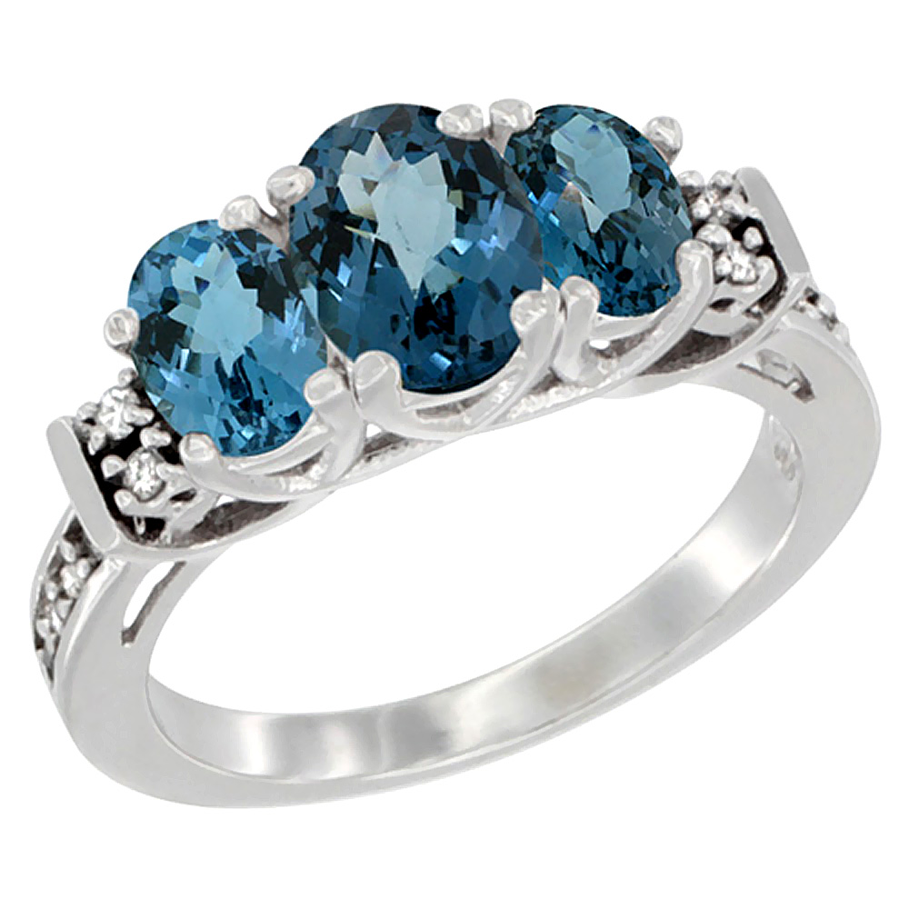 14K White Gold Natural London Blue Topaz Ring 3-Stone Oval Diamond Accent, sizes 5-10