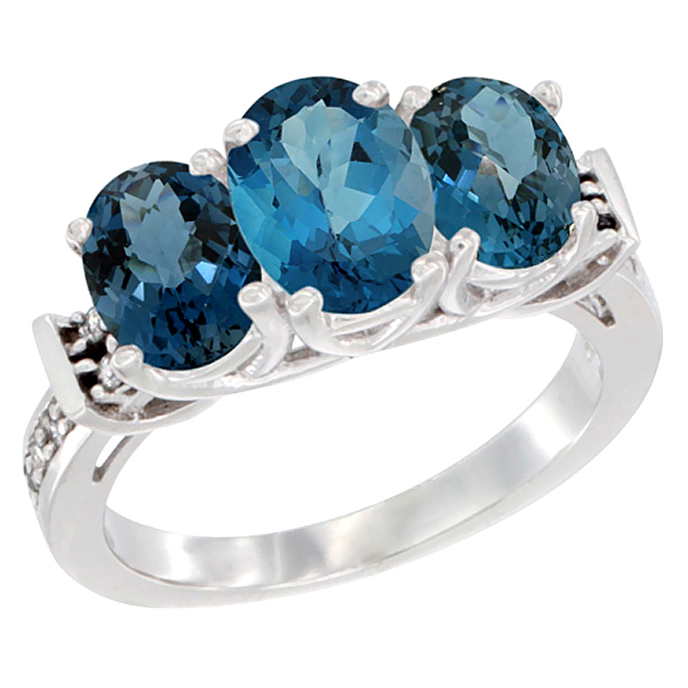 14K White Gold Natural London Blue Topaz Ring 3-Stone Oval Diamond Accent, sizes 5 - 10