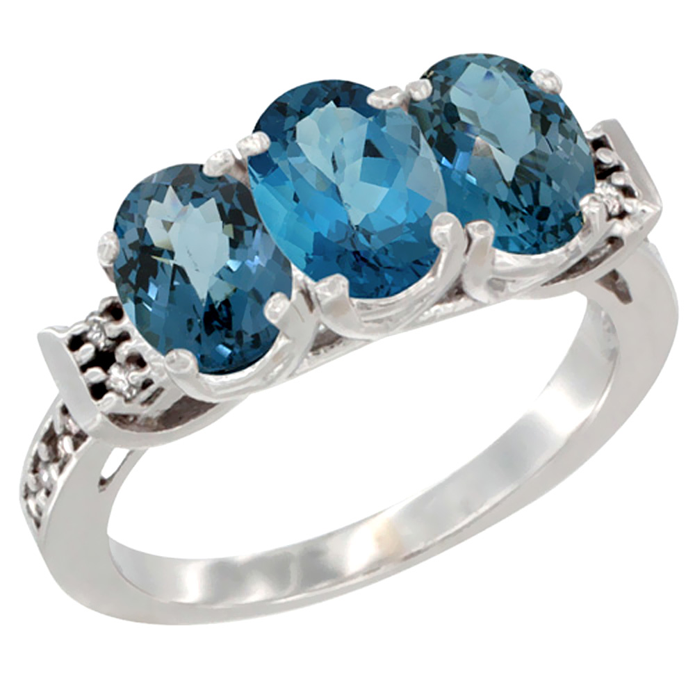 14K White Gold Natural London Blue Topaz & Ring 3-Stone 7x5 mm Oval Diamond Accent, sizes 5 - 10