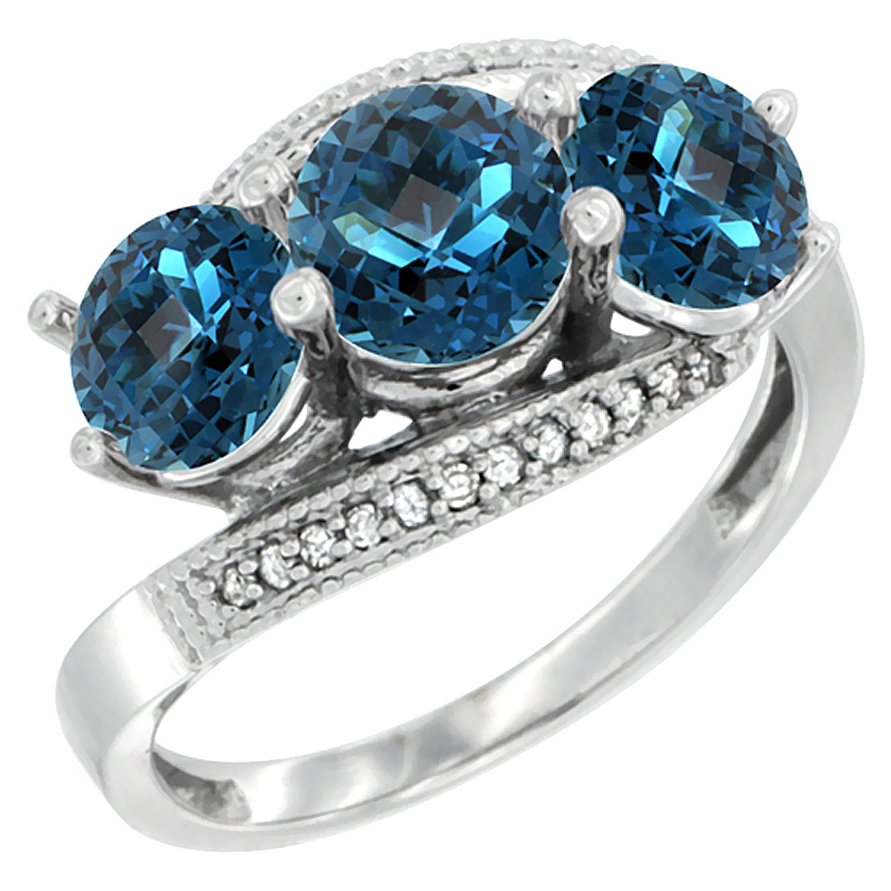 14K White Gold Natural London Blue Topaz 3 stone Ring Round 6mm Diamond Accent, sizes 5 - 10