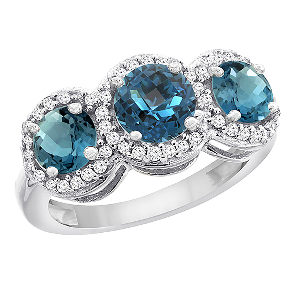 10K White Gold Natural London Blue Topaz Round 3-stone Ring Diamond Accents, sizes 5 - 10