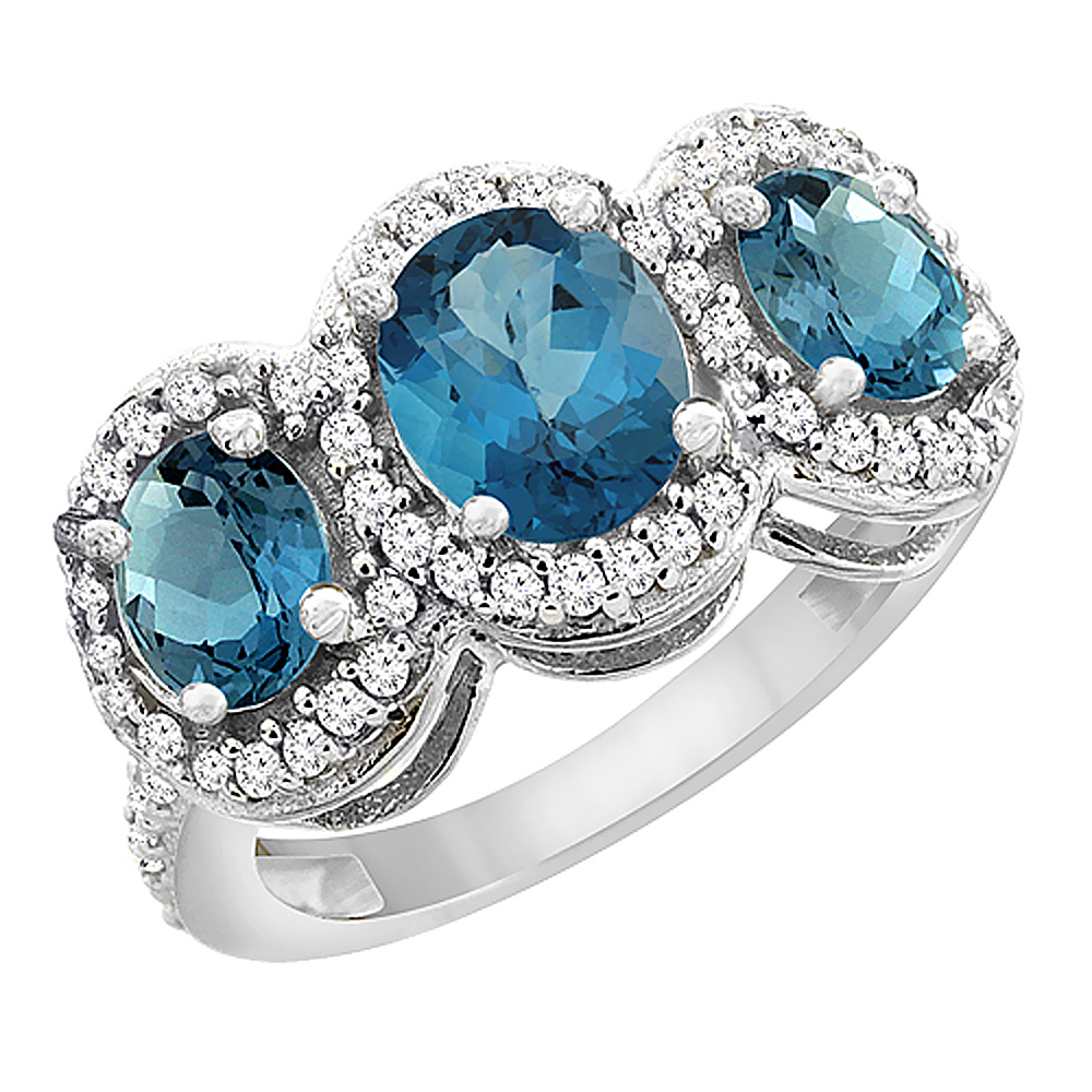 14K White Gold Natural London Blue Topaz 3-Stone Ring Oval Diamond Accent, sizes 5 - 10