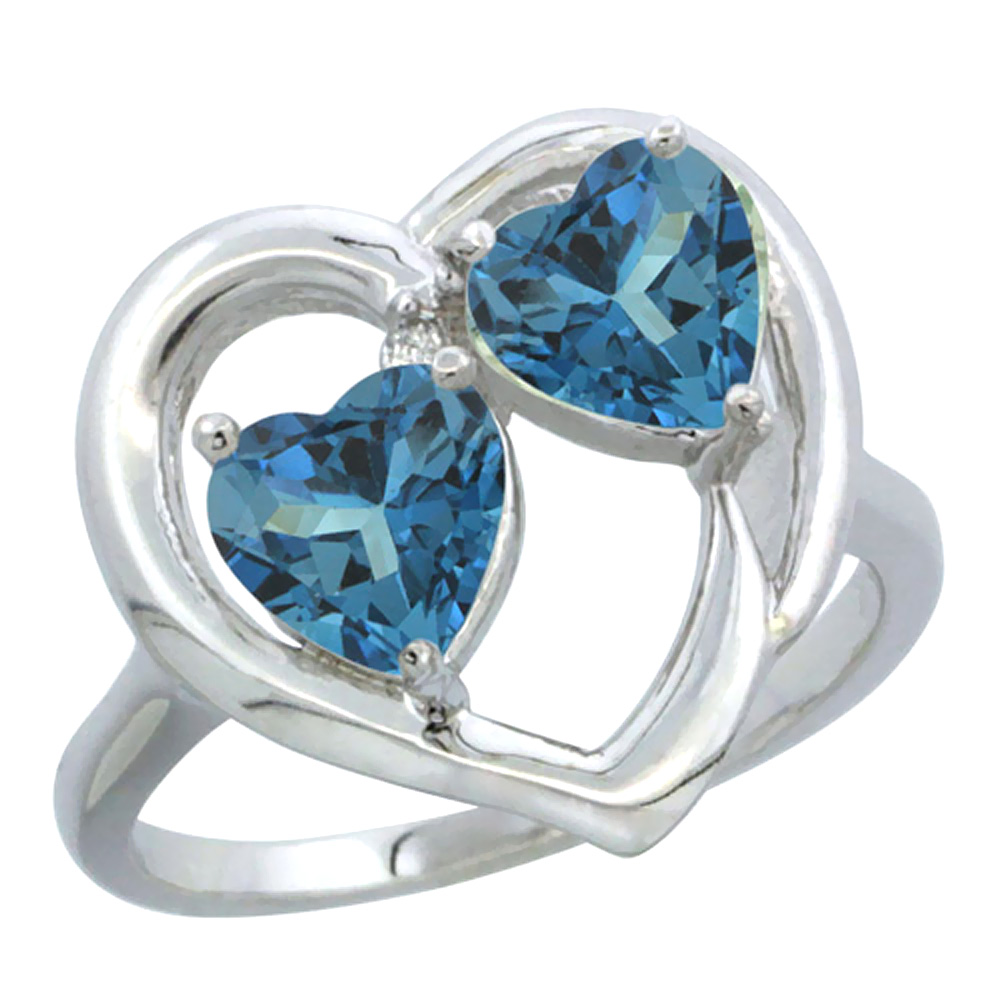 10K White Gold Diamond Two-stone Heart Ring 6mm Natural London Blue Topaz, sizes 5-10