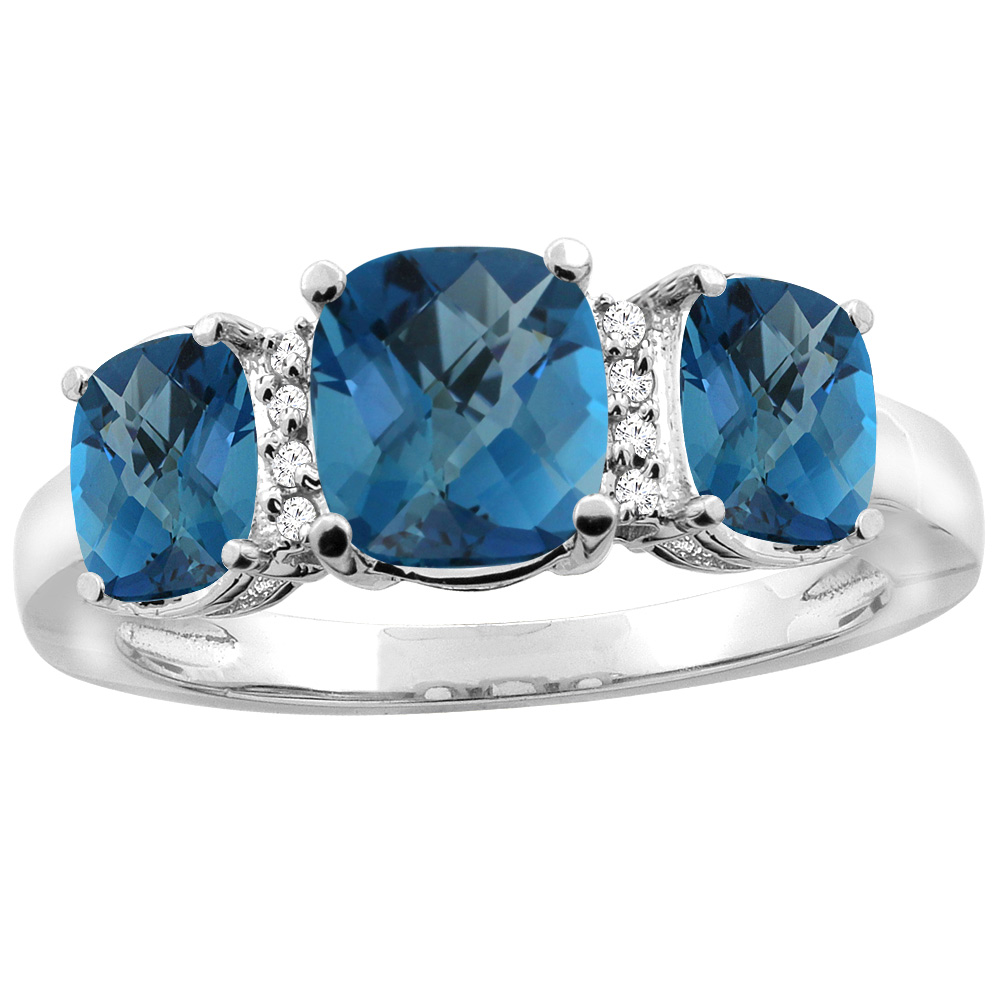 14K White Gold Natural London Blue Topaz 3-stone Ring Cushion 8x6mm Diamond Accent, sizes 5 - 10