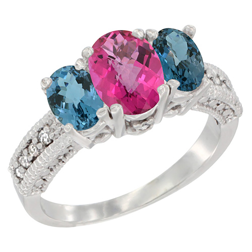 10K White Gold Diamond Natural Pink Topaz Ring Oval 3-stone with London Blue Topaz, sizes 5 - 10
