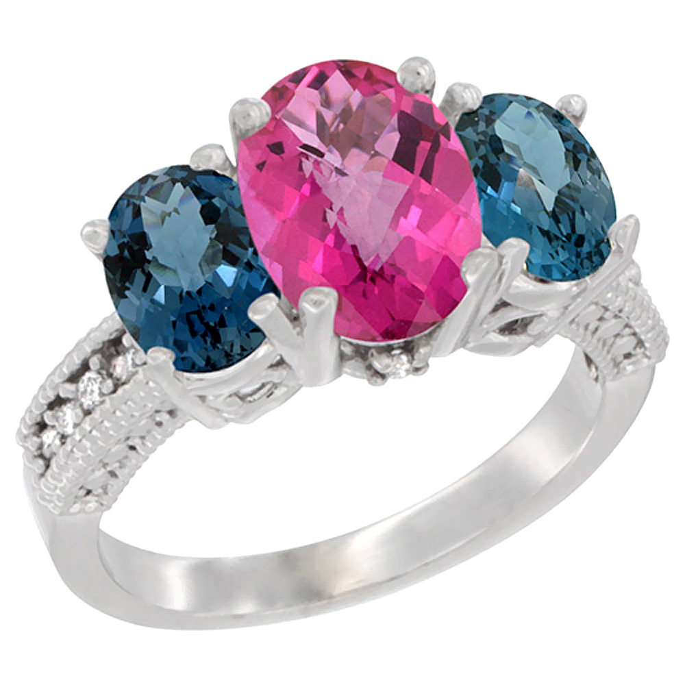 10K White Gold Diamond Natural Pink Topaz Ring 3-Stone Oval 8x6mm with London Blue Topaz, sizes5-10