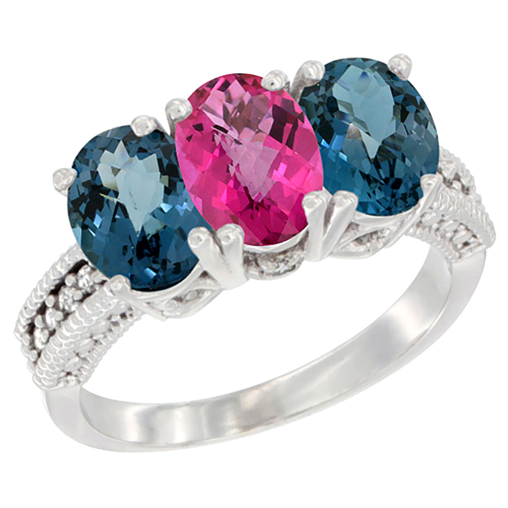 14K White Gold Natural Pink Topaz & London Blue Topaz Sides Ring 3-Stone 7x5 mm Oval Diamond Accent, sizes 5 - 10
