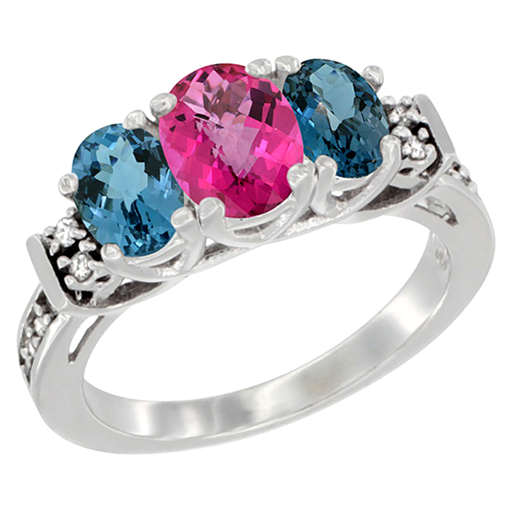 10K White Gold Natural Pink Topaz &amp; London Blue Ring 3-Stone Oval Diamond Accent, sizes 5-10
